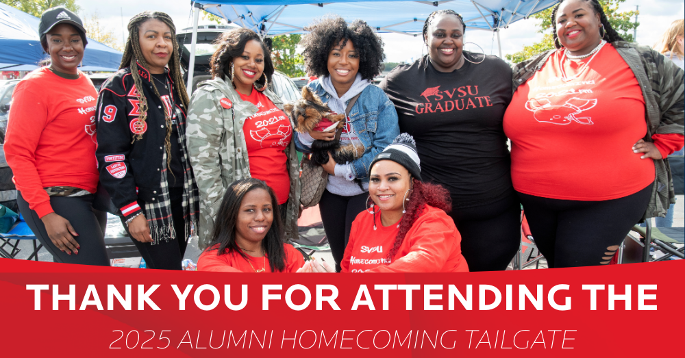 Thank you for attending the 2025 Alumni Homecoming Tailgate with a photo of 8 alumni posing wearing their SVSU gear